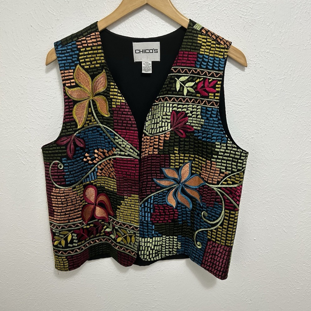 VTG 90s Chico's Colorful Floral Flowers Embroidered Patchwork Vest Size 1 (M)